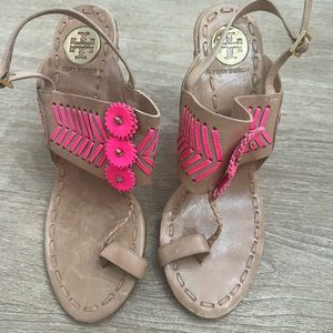 Tory Burch tan and pink leather sandals size 8.5